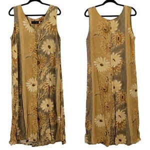 Vtg 80's Womens Jams World Dress Button Down Aline Tank Pockets Botanical Tan XL